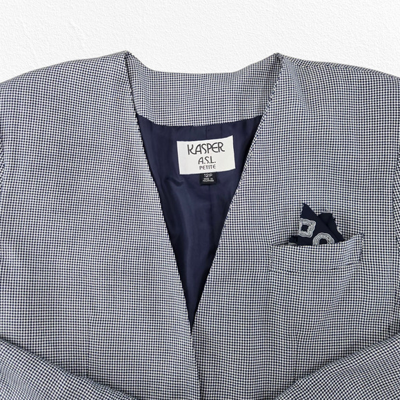90s Vintage Navy White Houndstooth Kasper Single Button Blazer Jacket Size 12P - Picture 2 of 11